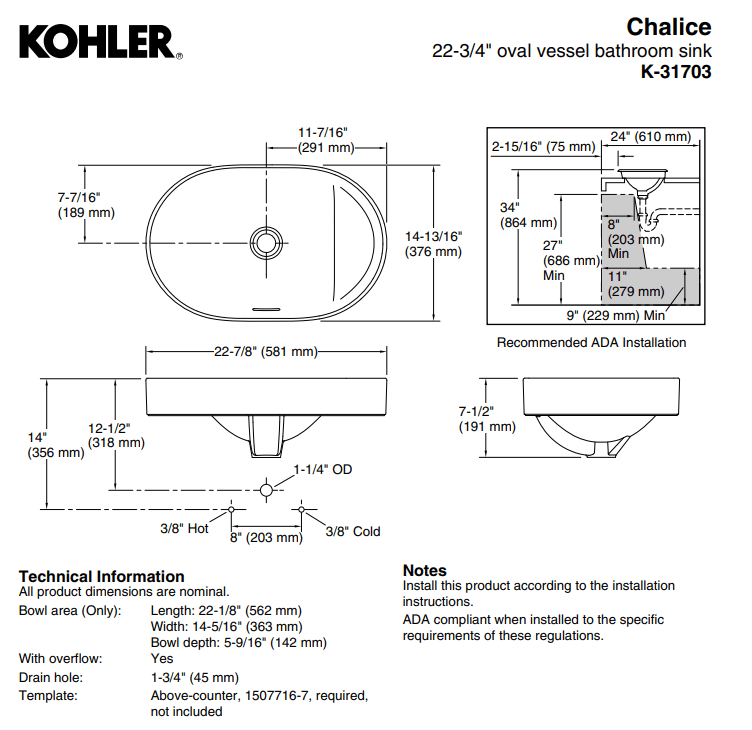 KOHLER K-31703T-0 CHALICE 檯上式浴室面盆