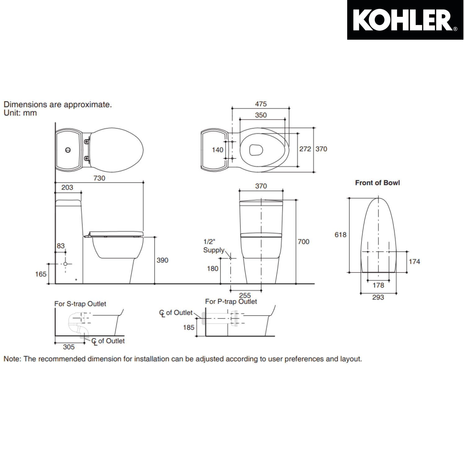 KOHLER K-45382X-SP-0 OVE 連體式自由咀座廁(貼牆廁)