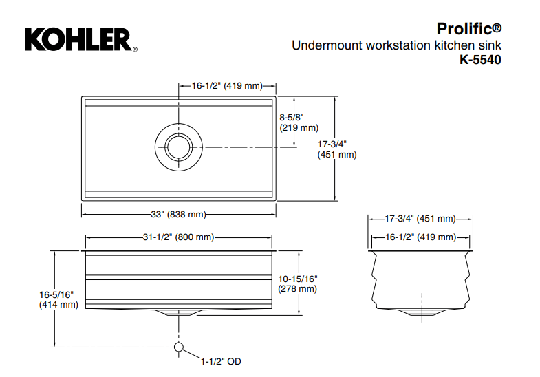 KOHLER K-5540T-S-NA PROLIFIC 33" 大單槽下崁式廚房星盆 (包括砧板、浸泡籃、瀝水籃及瀝水板)
