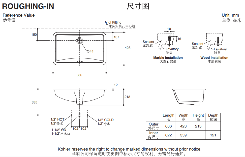 KOHLER K-76509K-0 LADENA® 24” 檯下式浴室面盆