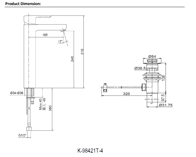 KOHLER K-98421K-4-CP JULY 高身面盆龍頭