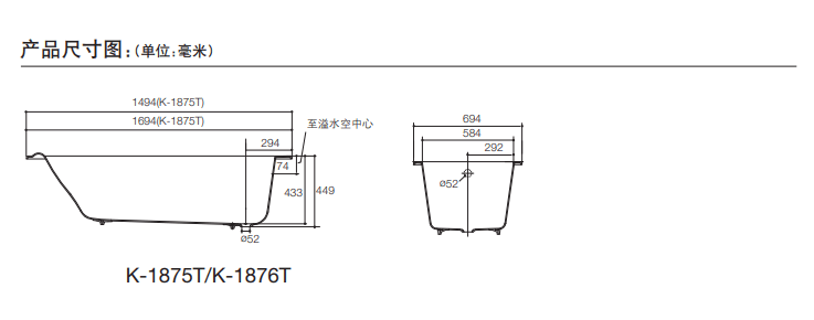 KOHLER K-P1875H-GR-0 PARALLEL 1.5米鑄鐵浴缸 (含扶手孔)