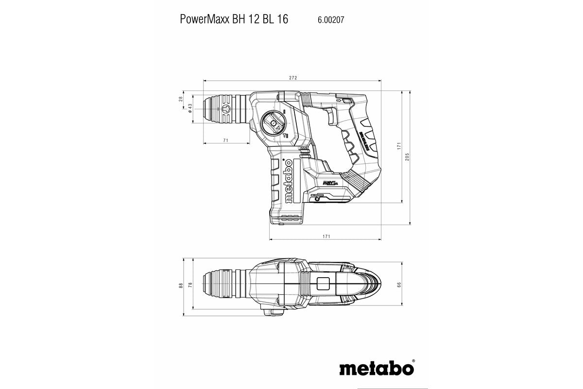 metabo 麥太保 Powermaxx Bh 12 BL 16 16mm 無碳刷充電油壓鑽 (鋰12V) (套裝)