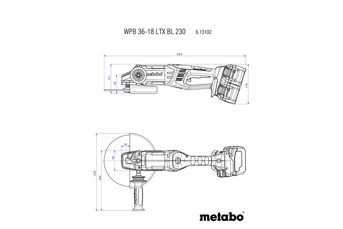 metabo 麥太保 WPB 36-18 LTX BL 230 230mm 無碳刷充電角磨機 (鋰18V x 2)( 安全式開關) (淨機)