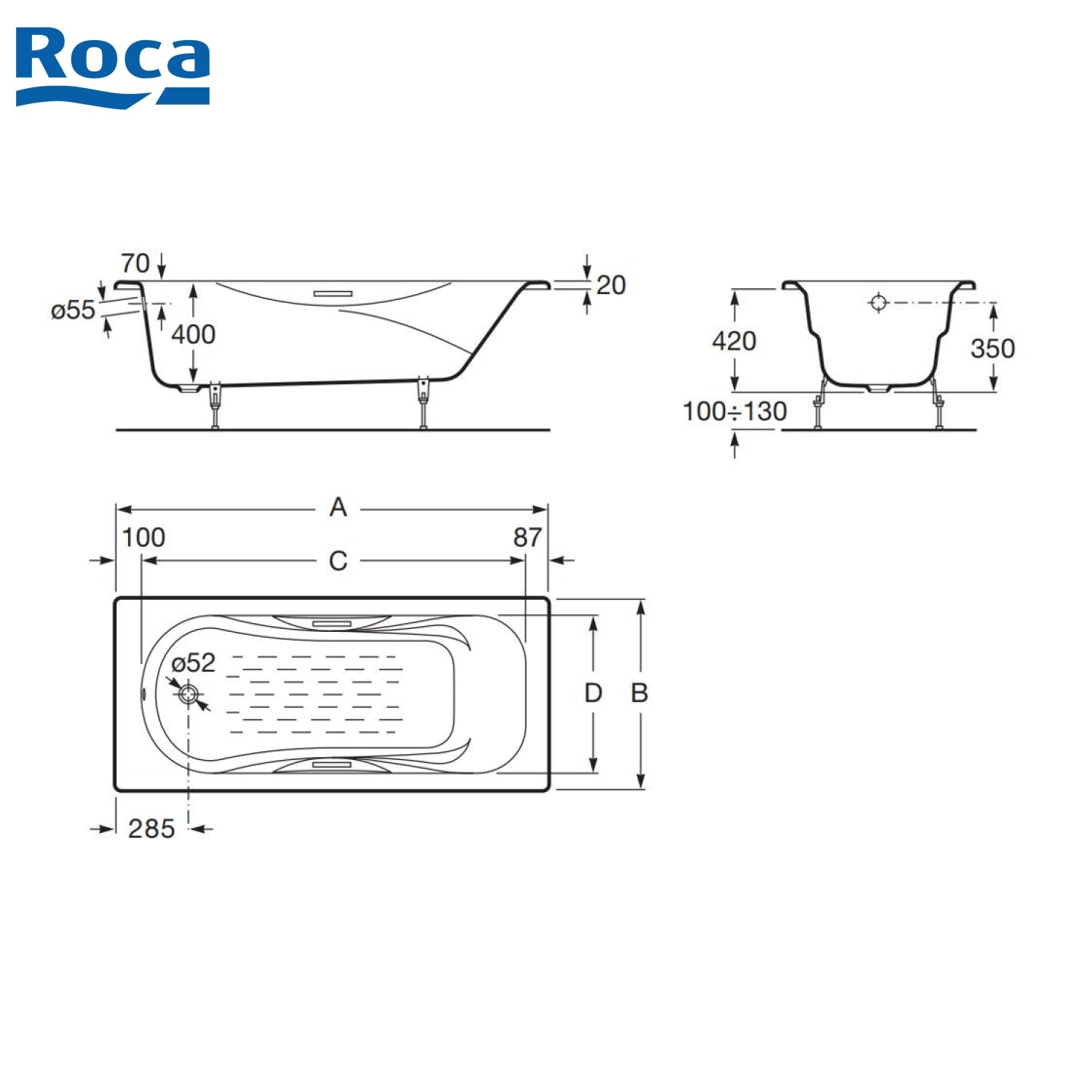 Roca A230970001 Malibu 1700x750x420mm 鑄鐵浴缸