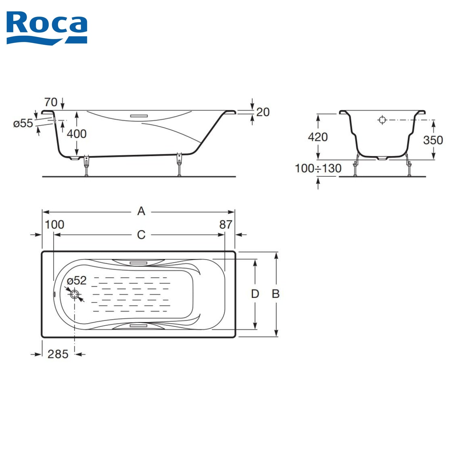 Roca A231070001 Malibu 1600x750x420mm 鑄鐵浴缸