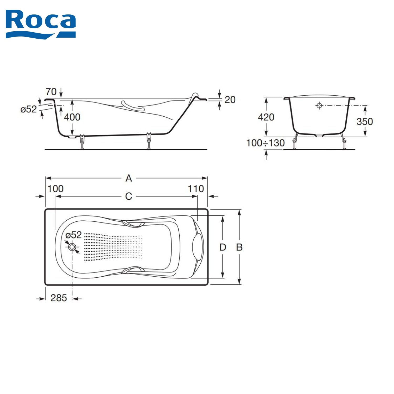 Roca A233170001 Haiti 1400x750x400mm 有扶手鑄鐵浴缸