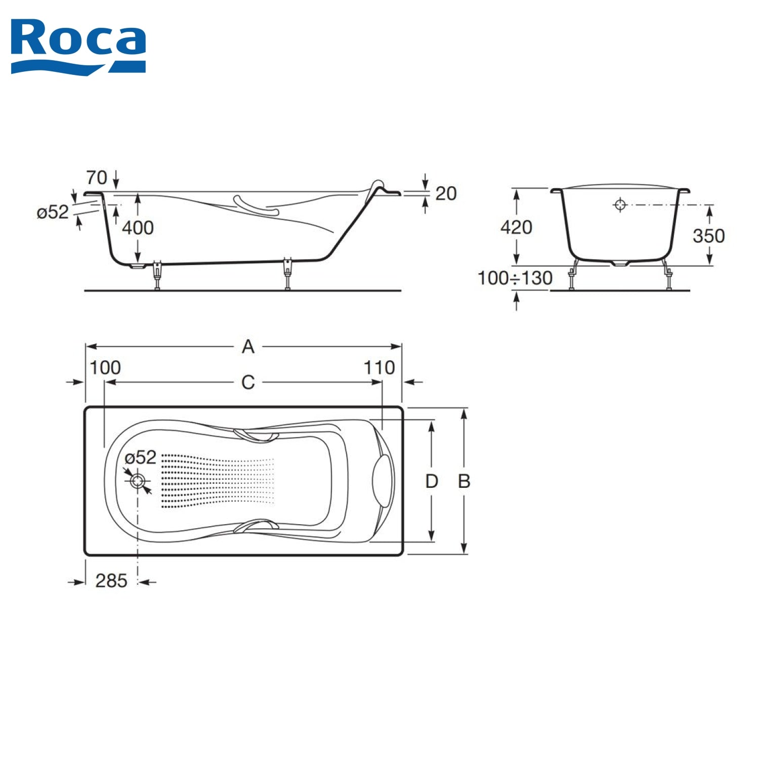 Roca A233250001 Continental 1500x800x400mm 鑄鐵浴缸