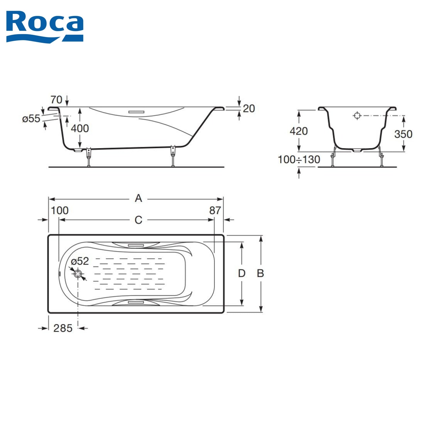 Roca A233450001 Malibu 1600x700x420mm 鑄鐵浴缸