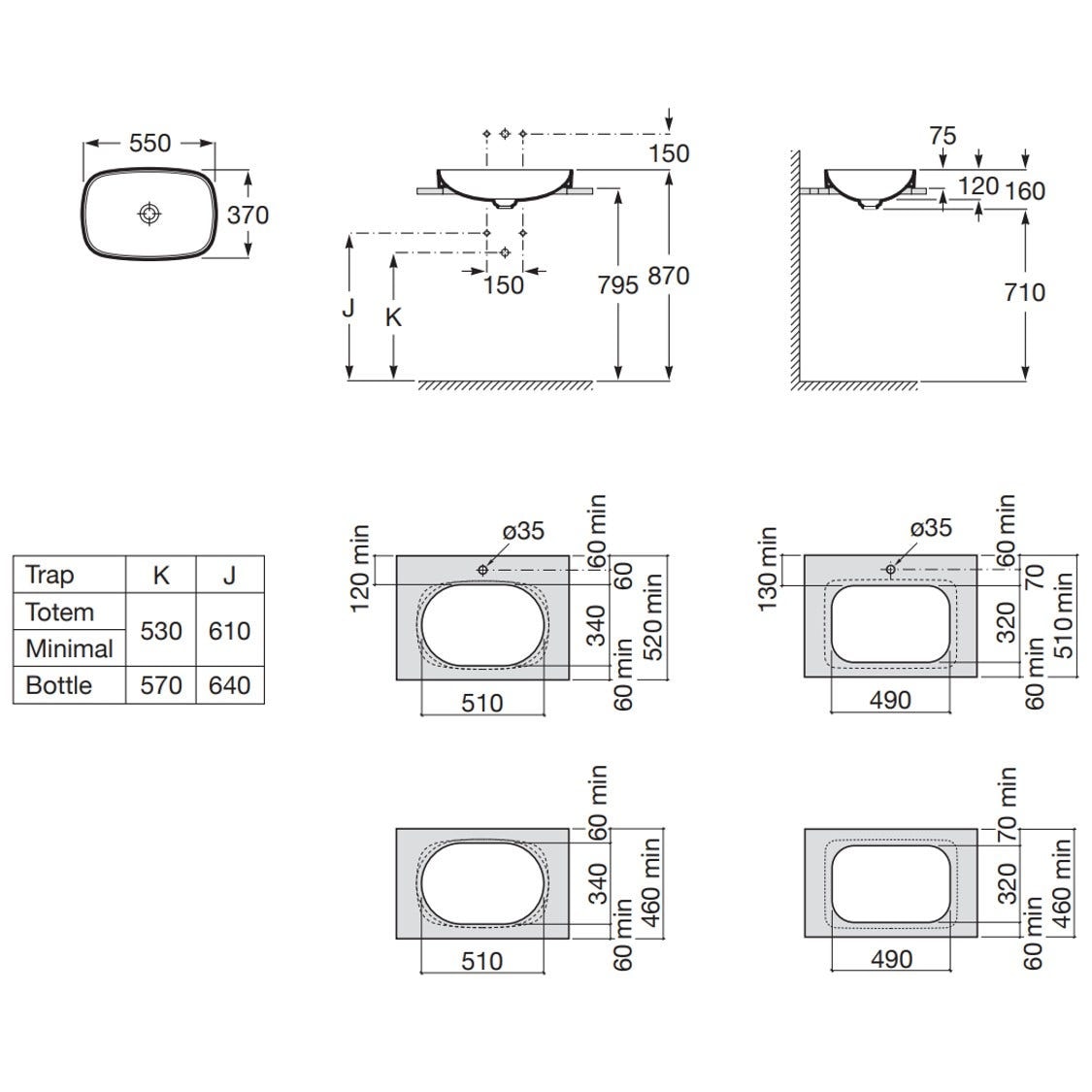 ROCA A327504000 Inspira SOFT 半嵌入式面盆 550x370x75mm 白色