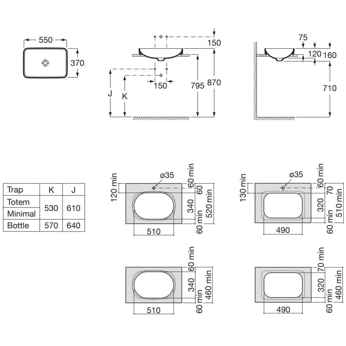 ROCA A327534000 Inspira SQUARE 半嵌入式面盆 550x370x75mm 白色