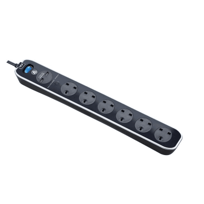 英國 MasterPlug 13A 六位插座拖板連兩位USB充電 SRGLSU62PB 2米線 黑色 香港行貨