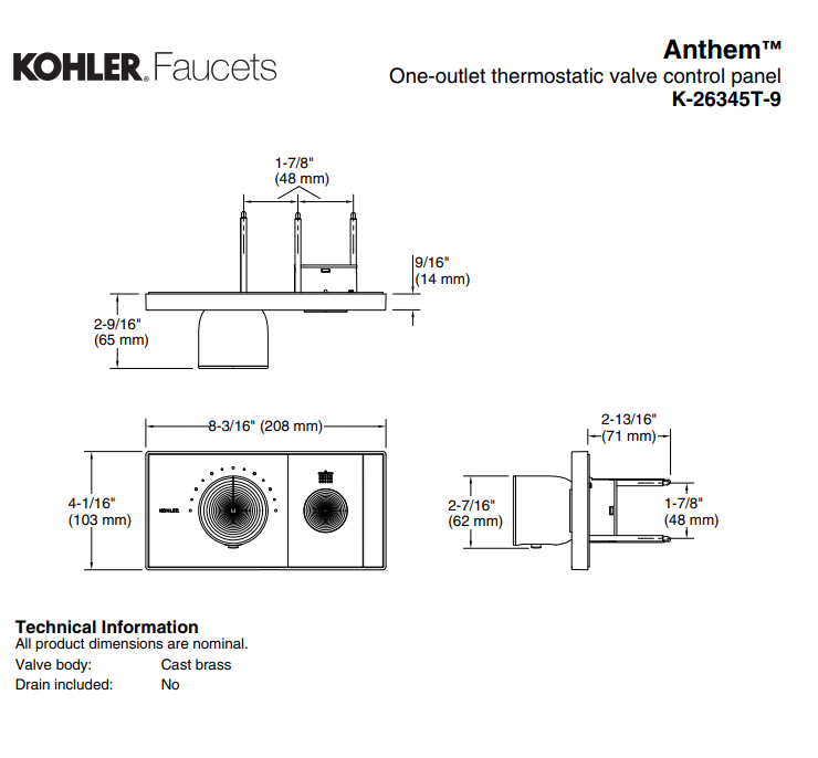 KOHLER K-26345T-9-CP ANTHEM™ 單路嵌入式機械恆溫控制-hong-kong