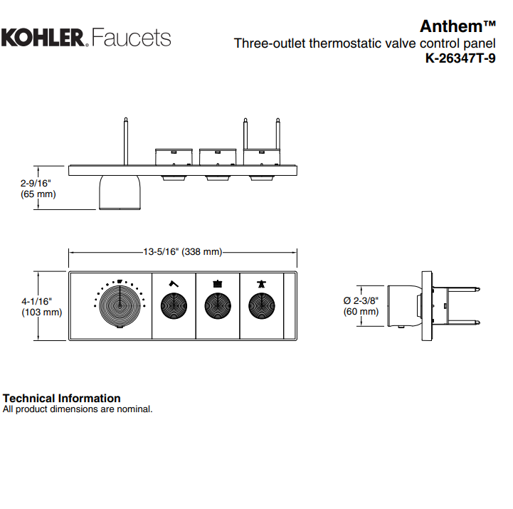 KOHLER K-26347T-9-BL ANTHEM™ 三路嵌入式機械恆溫控制 (黑色)-hong-kong