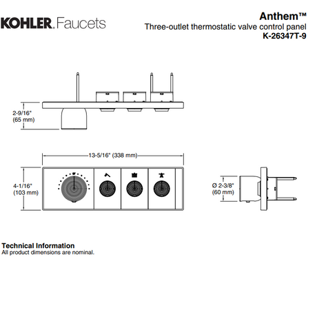 KOHLER K-26347T-9-2MB ANTHEM™ 三路嵌入式機械恆溫控制 (摩登金)-hong-kong