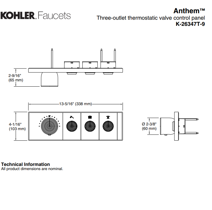 KOHLER K-26347T-9-2MB ANTHEM™ 三路嵌入式機械恆溫控制 (摩登金)-hong-kong