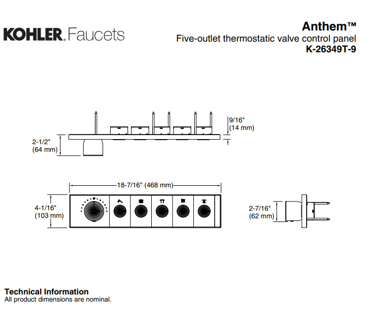 KOHLER K-26349T-9-CP ANTHEM™ 五路嵌入式機械恆溫控制-hong-kong