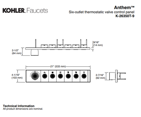 KOHLER K-26350T-9-CP ANTHEM™ 六路嵌入式機械恆溫控制-hong-kong