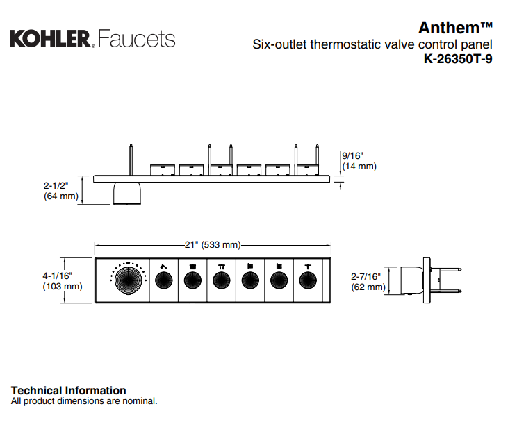 KOHLER K-26350T-9-CP ANTHEM™ 六路嵌入式機械恆溫控制-hong-kong