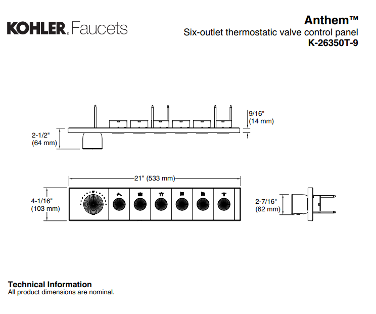 KOHLER K-26350T-9-BN ANTHEM™ 六路嵌入式機械恆溫控制 (羅曼銀)-hong-kong