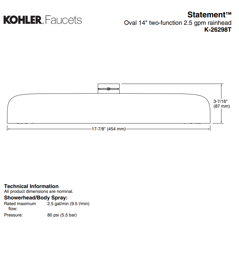 KOHLER K-26298T-CP STATEMENT™ 18” 雙功能頭頂花灑18” 雨淋/ 雨瀑 (拋光鍍鉻)-hong-kong