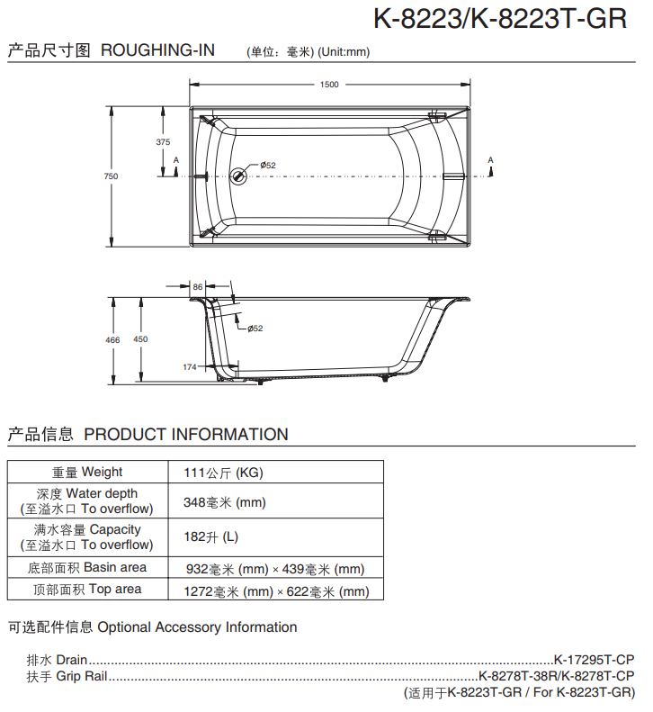 KOHLER K-8223T-0 BIOVE 1.5 米鑄鐵浴缸-hong-kong