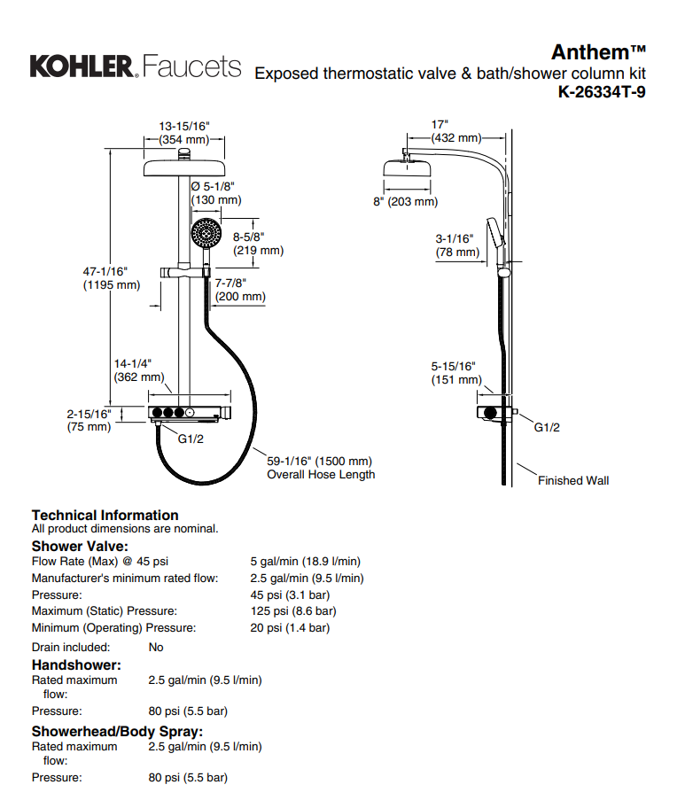 KOHLER K-26334T-9-BN ANTHEM ™ 恆溫四路出水淋浴柱 (羅曼銀)-hong-kong