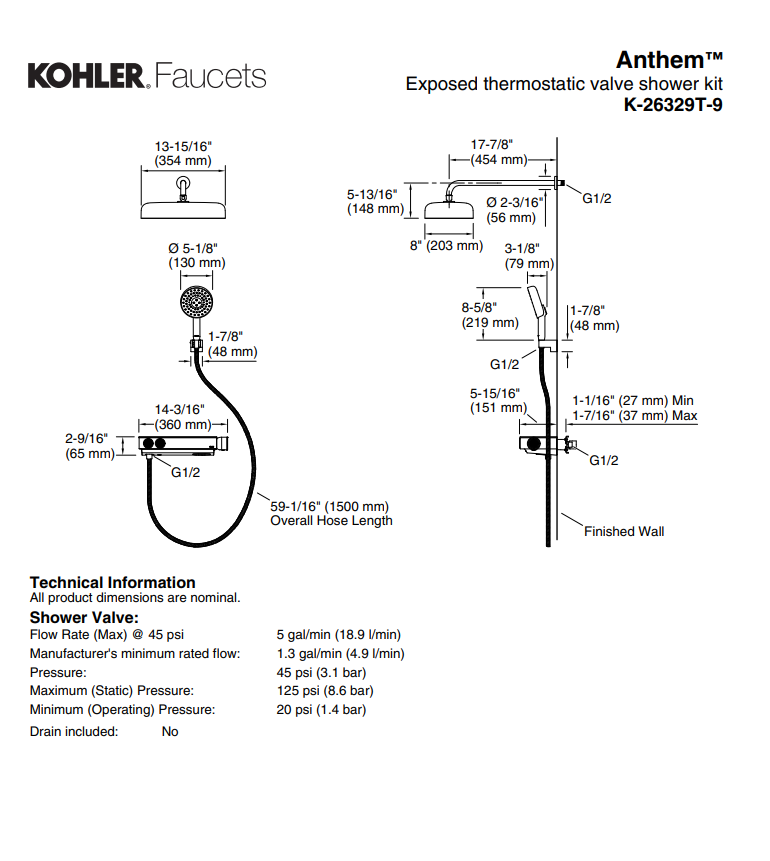 KOHLER K-26329T-9-CP ANTHEM™ 恆溫雙路出水淋浴龍頭 連單功能頭頂花灑 (拋光鍍鉻)-hong-kong