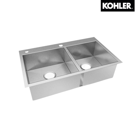 Kohler K-3581T-2FD-NA VAULT 31" 大/小槽修邊式/下崁式廚房星盆 (包括沖洗籃、瀝水籃及皂液器)-hong-kong