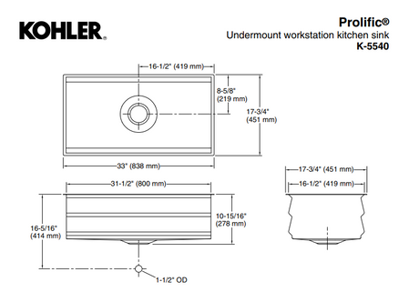 Kohler K-5540T-S-NA PROLIFIC 33" 大單槽下崁式廚房星盆 (包括砧板、浸泡籃、瀝水籃及瀝水板)-hong-kong