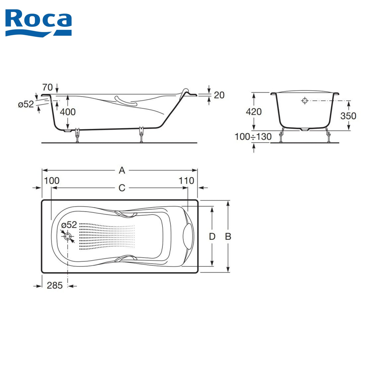 Roca A233250001 Continental 1500x800x400mm 鑄鐵浴缸-hong-kong